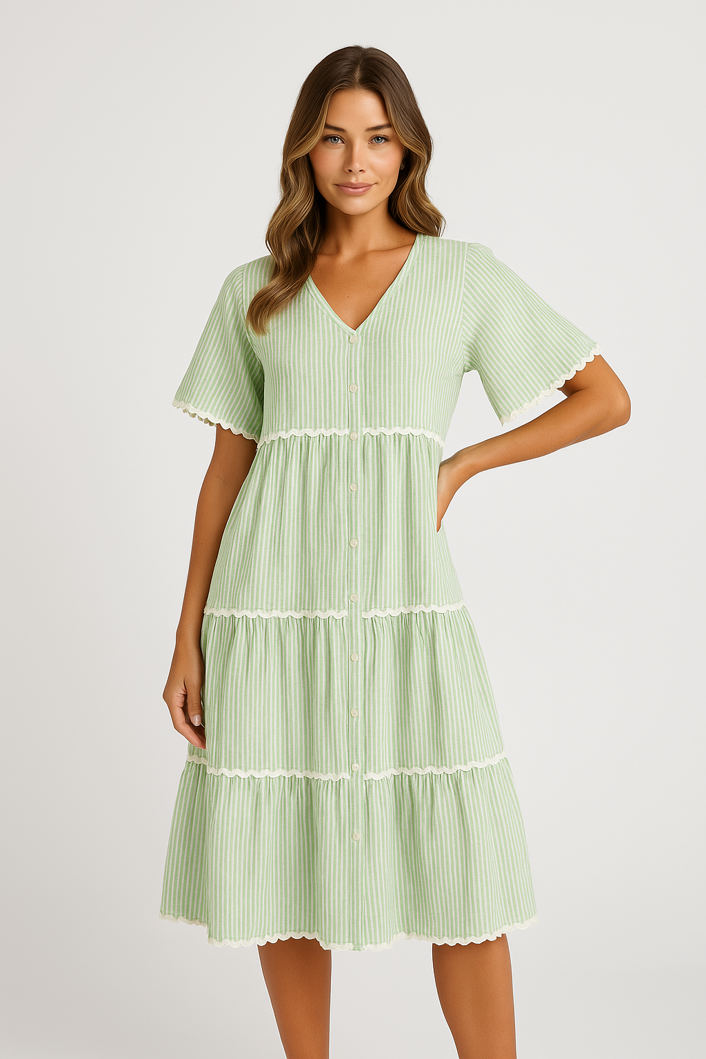 Women's V-Neck Loose Fit Cotton Dress with Button Closure and Lace Details Light Green