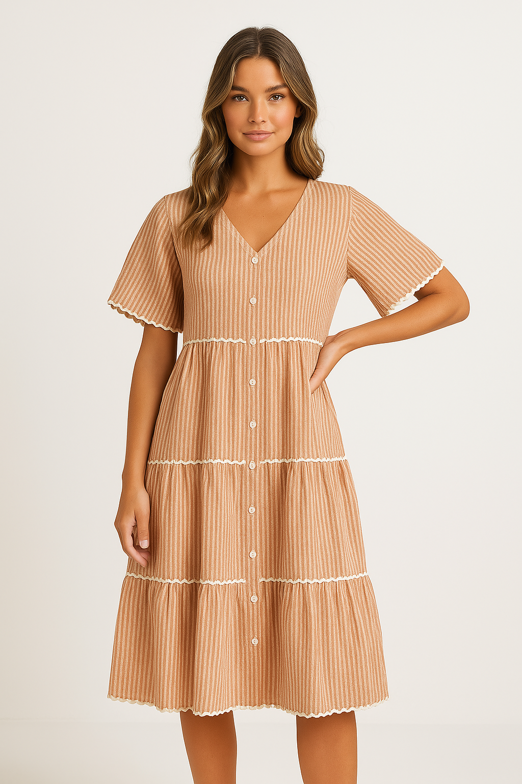 Women's V-Neck Loose Fit Cotton Dress with Button Closure and Lace Details Brown