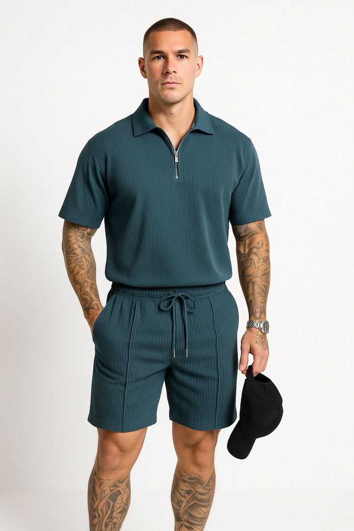 Men's Polo and Shorts Set – Relaxed Fit – Zipper Neck – Breathable Fabric – Drawstring Waist Ocean Blue