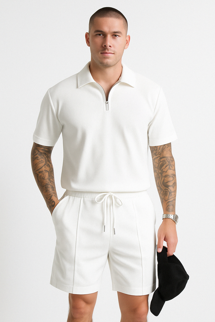Men's Polo and Shorts Set – Relaxed Fit – Zipper Neck – Breathable Fabric – Drawstring Waist White