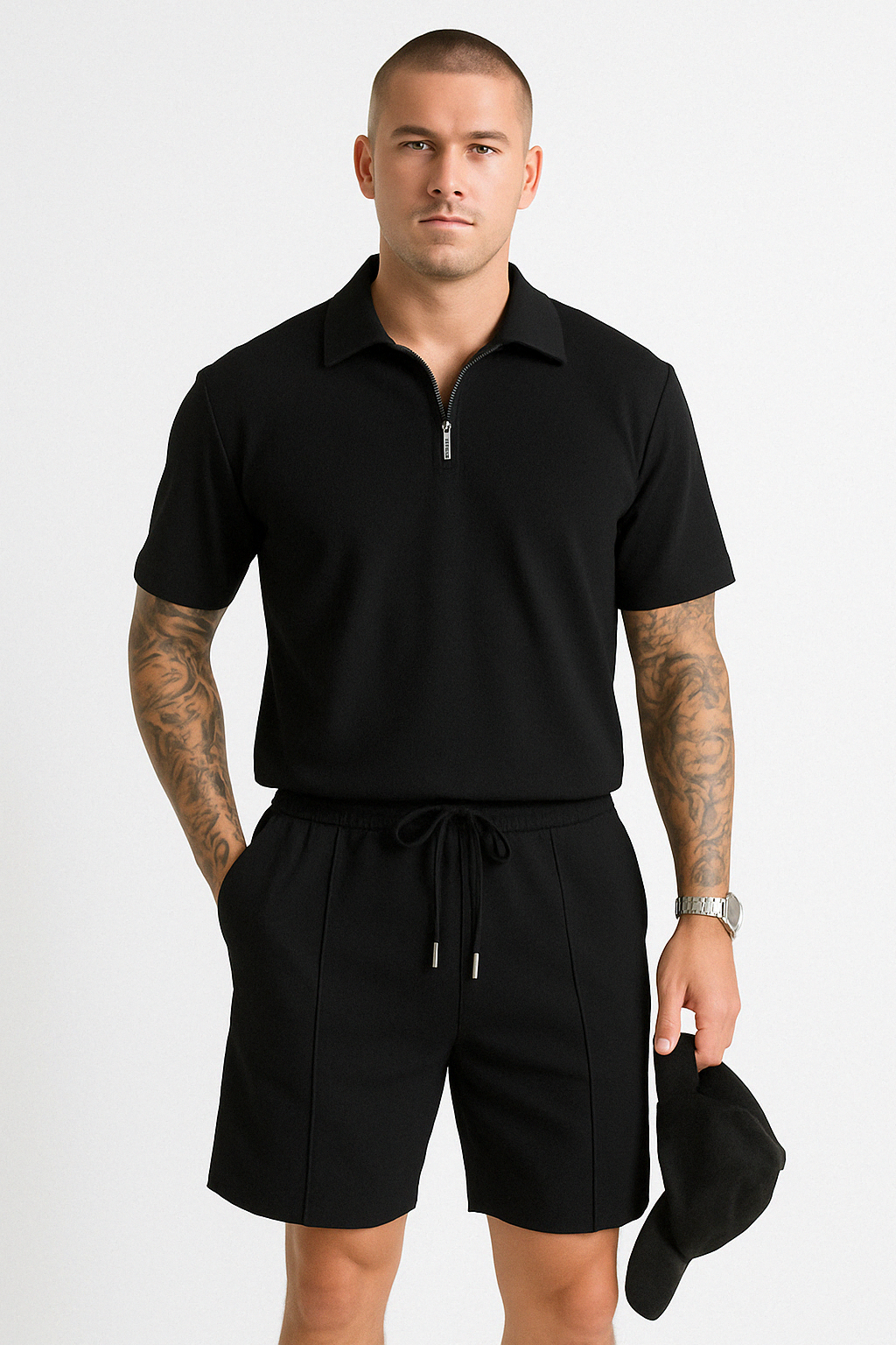 Men's Polo and Shorts Set – Relaxed Fit – Zipper Neck – Breathable Fabric – Drawstring Waist Black