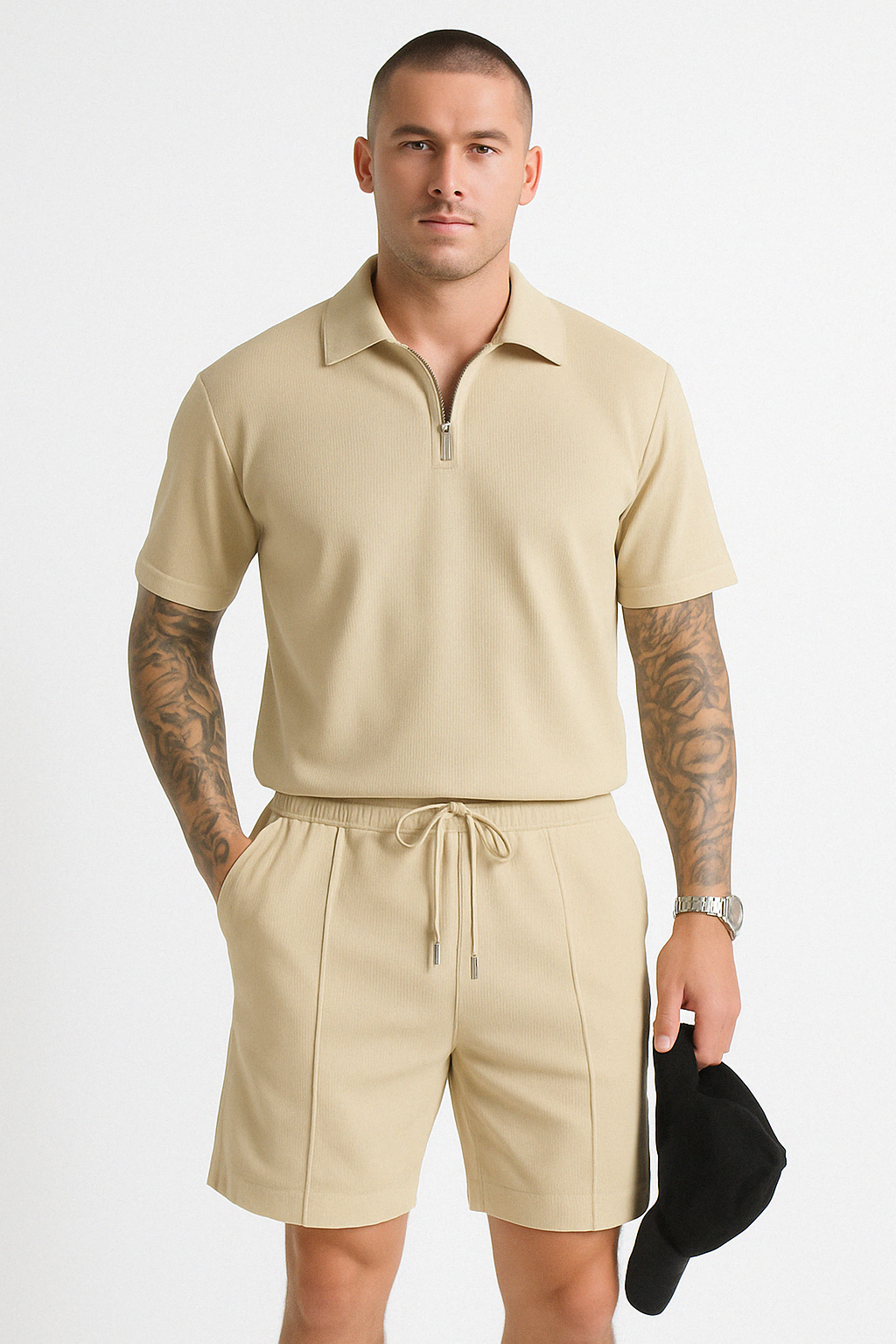 Men's Polo and Shorts Set – Relaxed Fit – Zipper Neck – Breathable Fabric – Drawstring Waist Camel