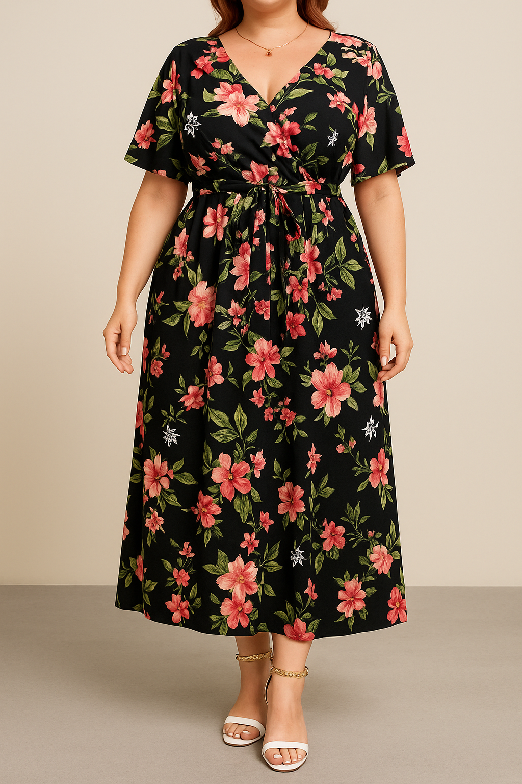 Women's A-line Midi Dress - V-neck, Short Sleeve, Floral Print with Belt Black
