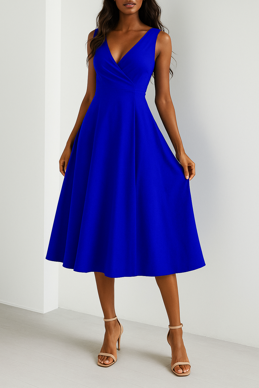 Women's A-line Midi Evening Dress – Sleeveless V-neck – Luxurious Fabric Blue
