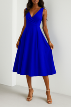 Women's A-line Midi Evening Dress – Sleeveless V-neck – Luxurious Fabric Blue
