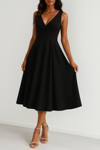 Women's A-line Midi Evening Dress – Sleeveless V-neck – Luxurious Fabric Black
