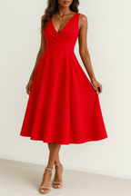 Women's A-line Midi Evening Dress – Sleeveless V-neck – Luxurious Fabric Red