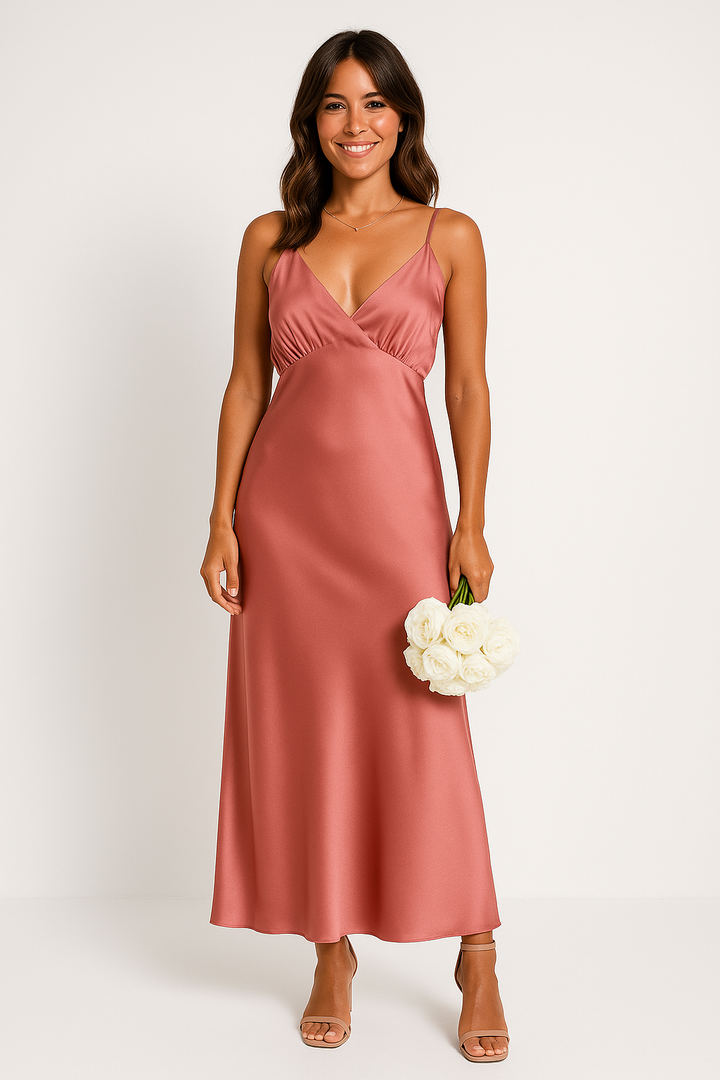 Women's Satin Look Evening Dress – Slim Fit, Sleeveless, Backless, V-Neck with Split Pink
