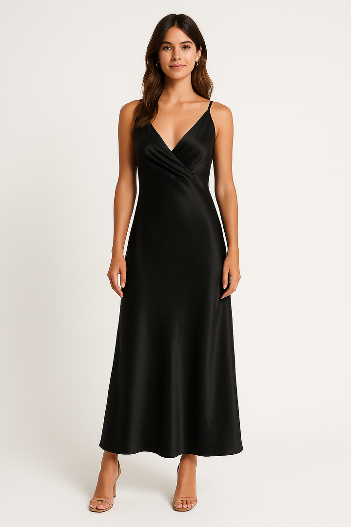 Women's Satin Look Evening Dress – Slim Fit, Sleeveless, Backless, V-Neck with Split Black