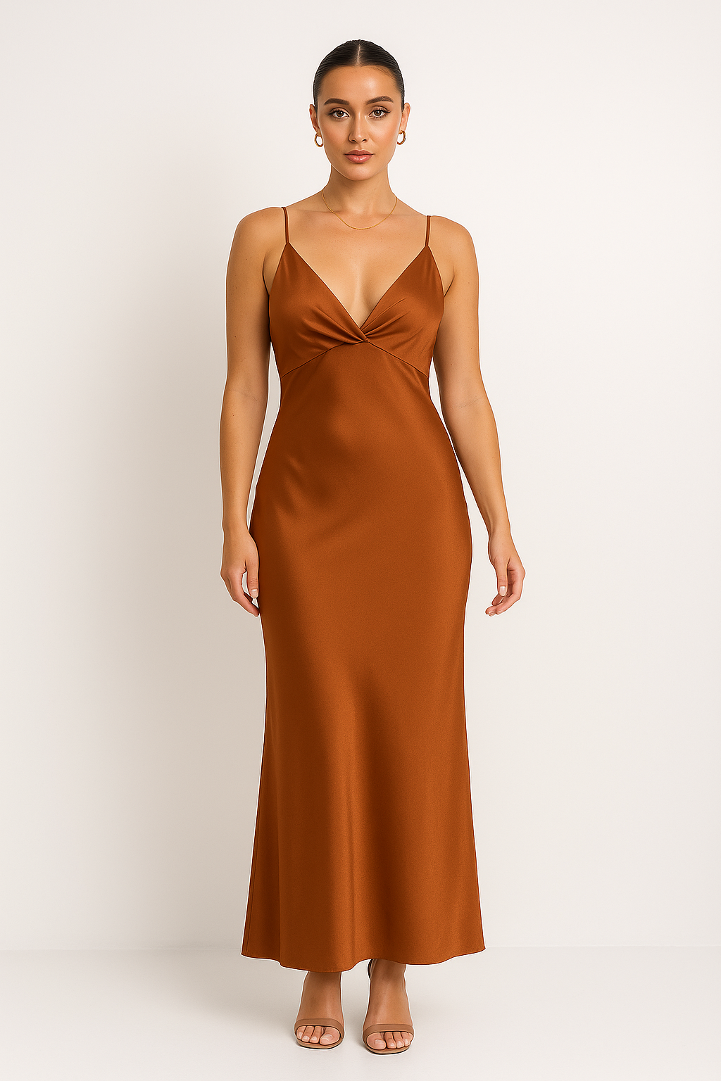 Women's Satin Look Evening Dress – Slim Fit, Sleeveless, Backless, V-Neck with Split Dark Brown