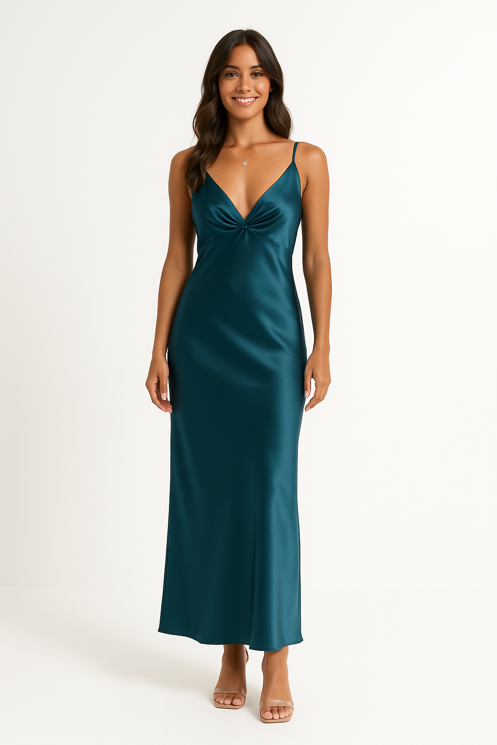 Women's Satin Look Evening Dress – Slim Fit, Sleeveless, Backless, V-Neck with Split Ocean Blue