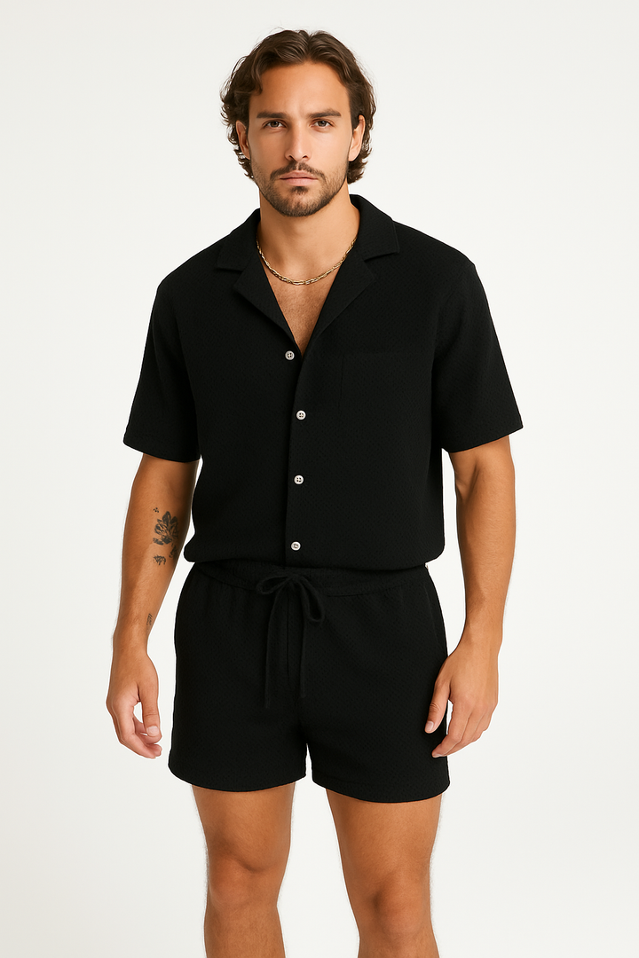 Men's Casual Button-Up Shirt and Drawstring Shorts Set – Relaxed Fit, Breathable Fabric Black