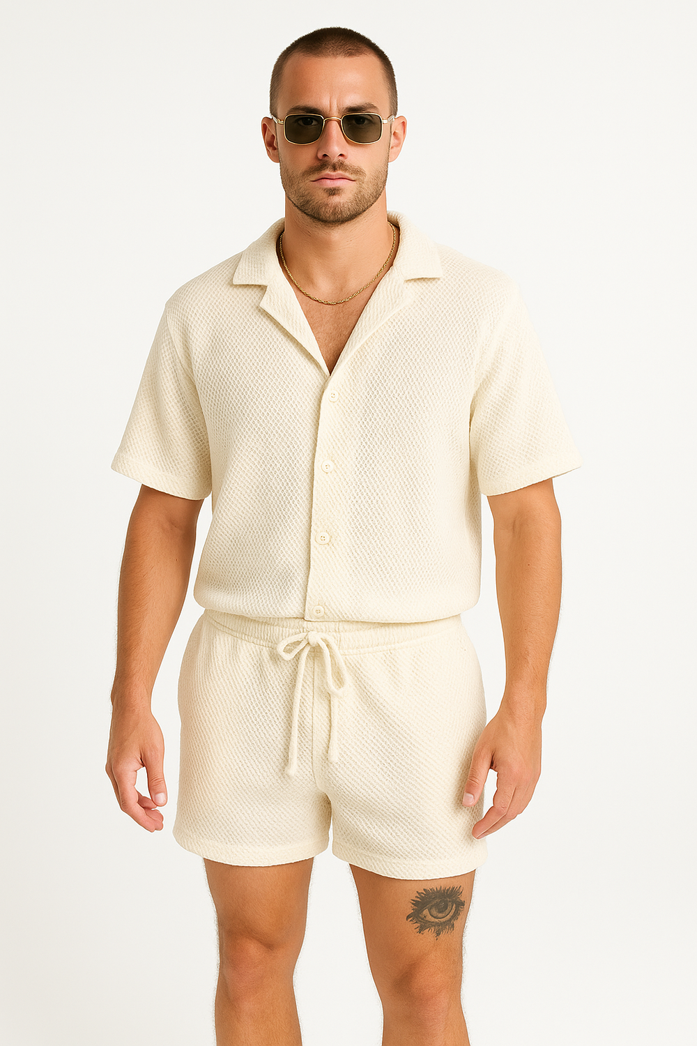 Men's Casual Button-Up Shirt and Drawstring Shorts Set – Relaxed Fit, Breathable Fabric White