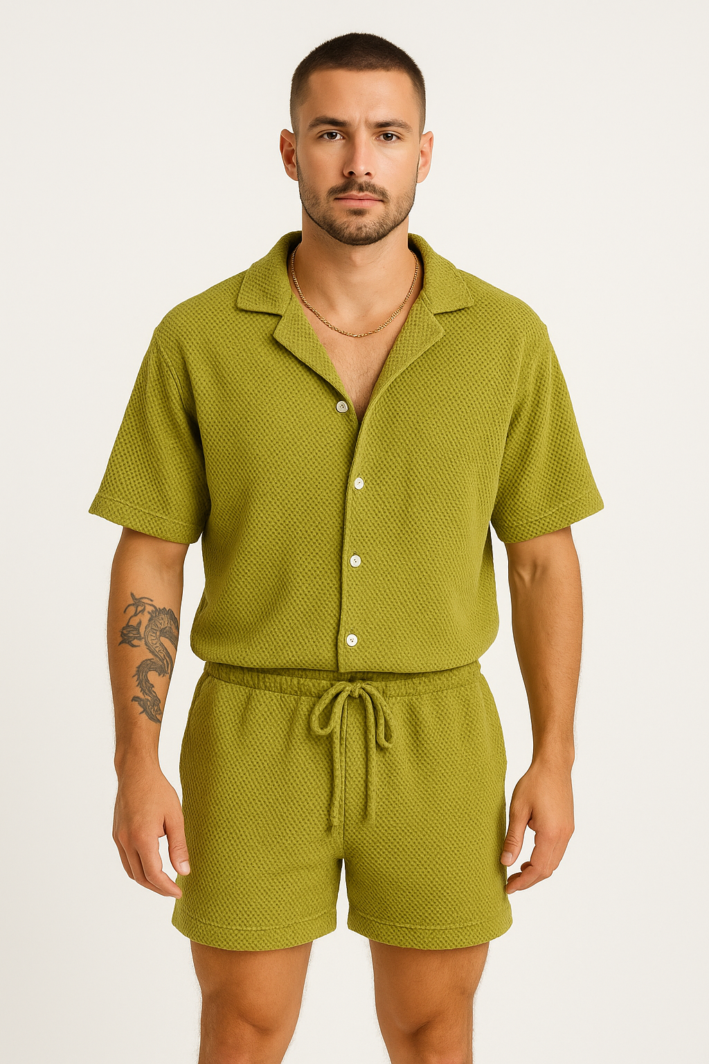 Men's Casual Button-Up Shirt and Drawstring Shorts Set – Relaxed Fit, Breathable Fabric Yellow Green