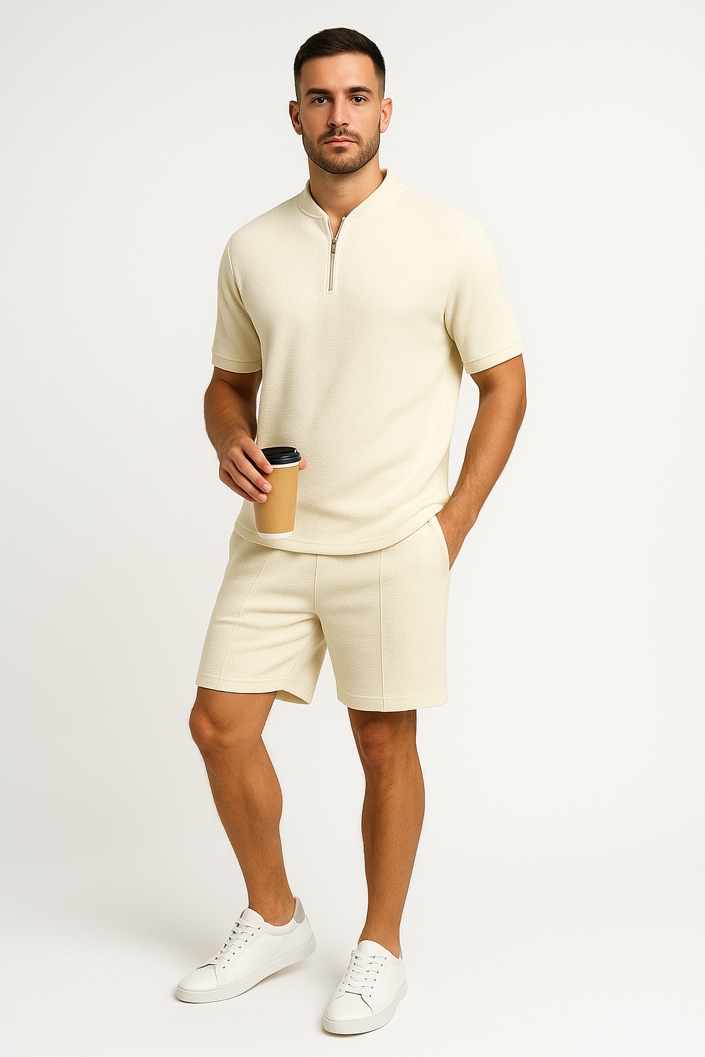 Men's Waffle Texture Two-Piece Set – Relaxed Fit – Breathable Short Sleeve & Shorts Off-White
