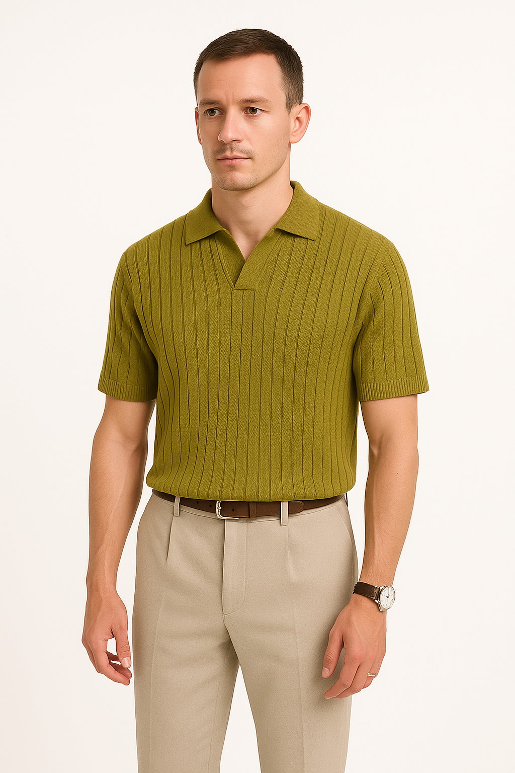 Men's Ribbed Polo Shirt – Standard Fit – Short Sleeve – Soft Stretch Knit Green