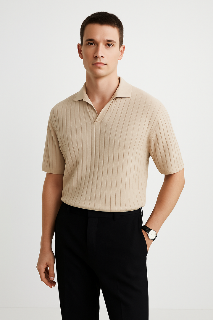 Men's Ribbed Polo Shirt – Standard Fit – Short Sleeve – Soft Stretch Knit Apricot