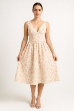 Women's A-Line Midi Dress with V-Neck and Spaghetti Straps – Floral Print Cotton Look Pink