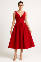 Women's A-Line Midi Dress with V-Neck and Spaghetti Straps – Floral Print Cotton Look Red