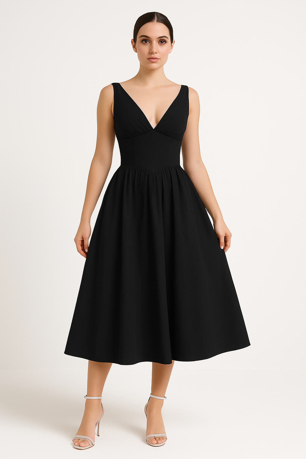 Women's A-Line Midi Dress with V-Neck and Spaghetti Straps – Floral Print Cotton Look Black