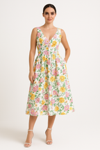 Women's A-Line Midi Dress with V-Neck and Spaghetti Straps – Floral Print Cotton Look Flowers