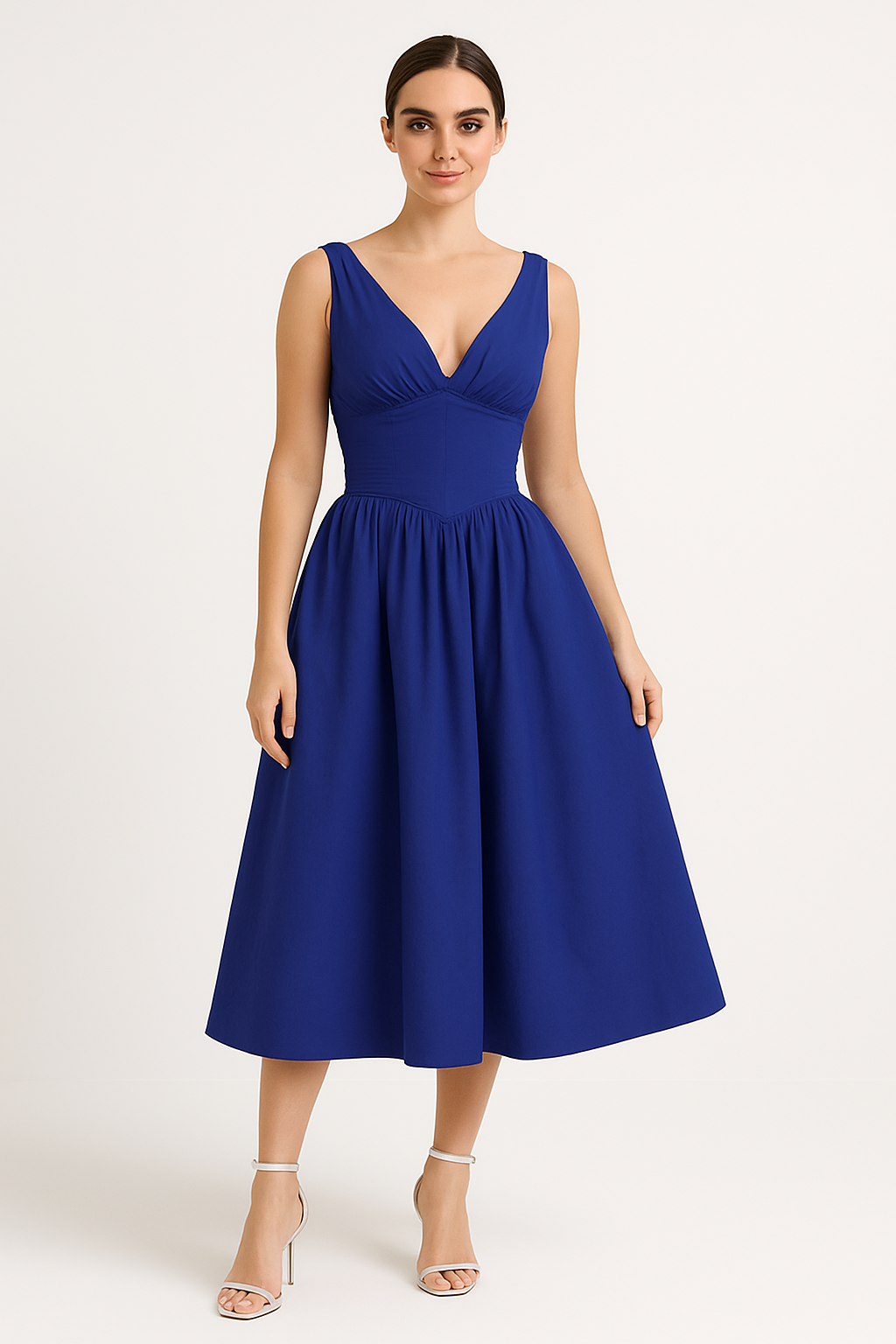 Women's A-Line Midi Dress with V-Neck and Spaghetti Straps – Floral Print Cotton Look Blue