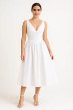 Women's A-Line Midi Dress with V-Neck and Spaghetti Straps – Floral Print Cotton Look White