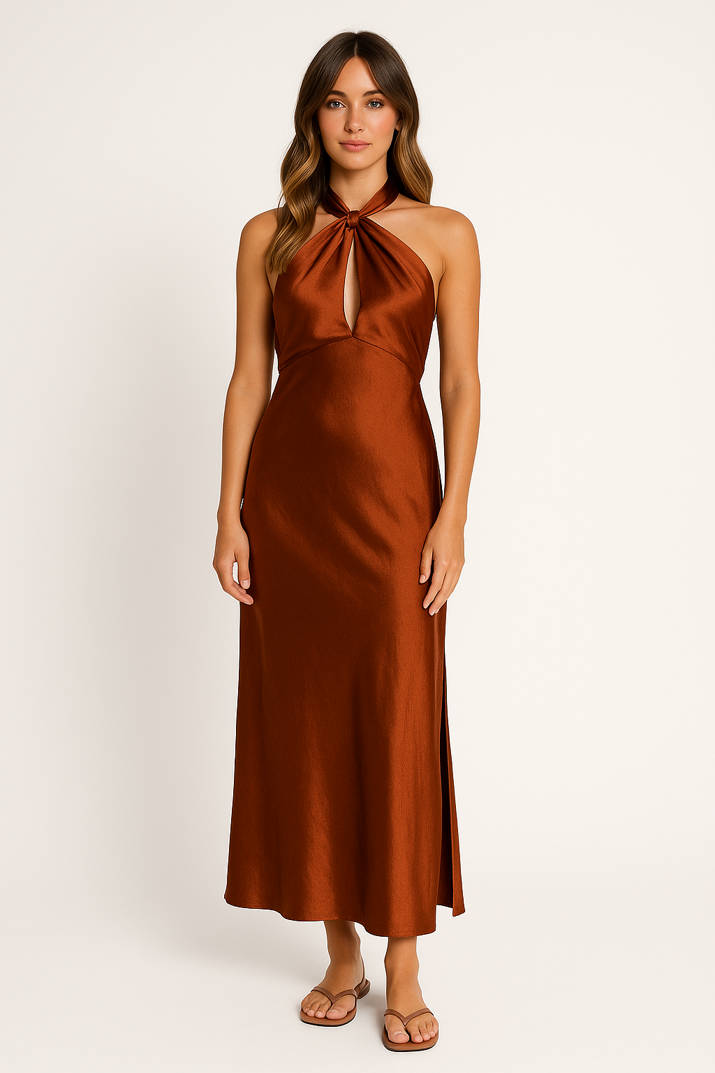 Nishel | Women's Satin Maxi Halter Dress with Side Split Red