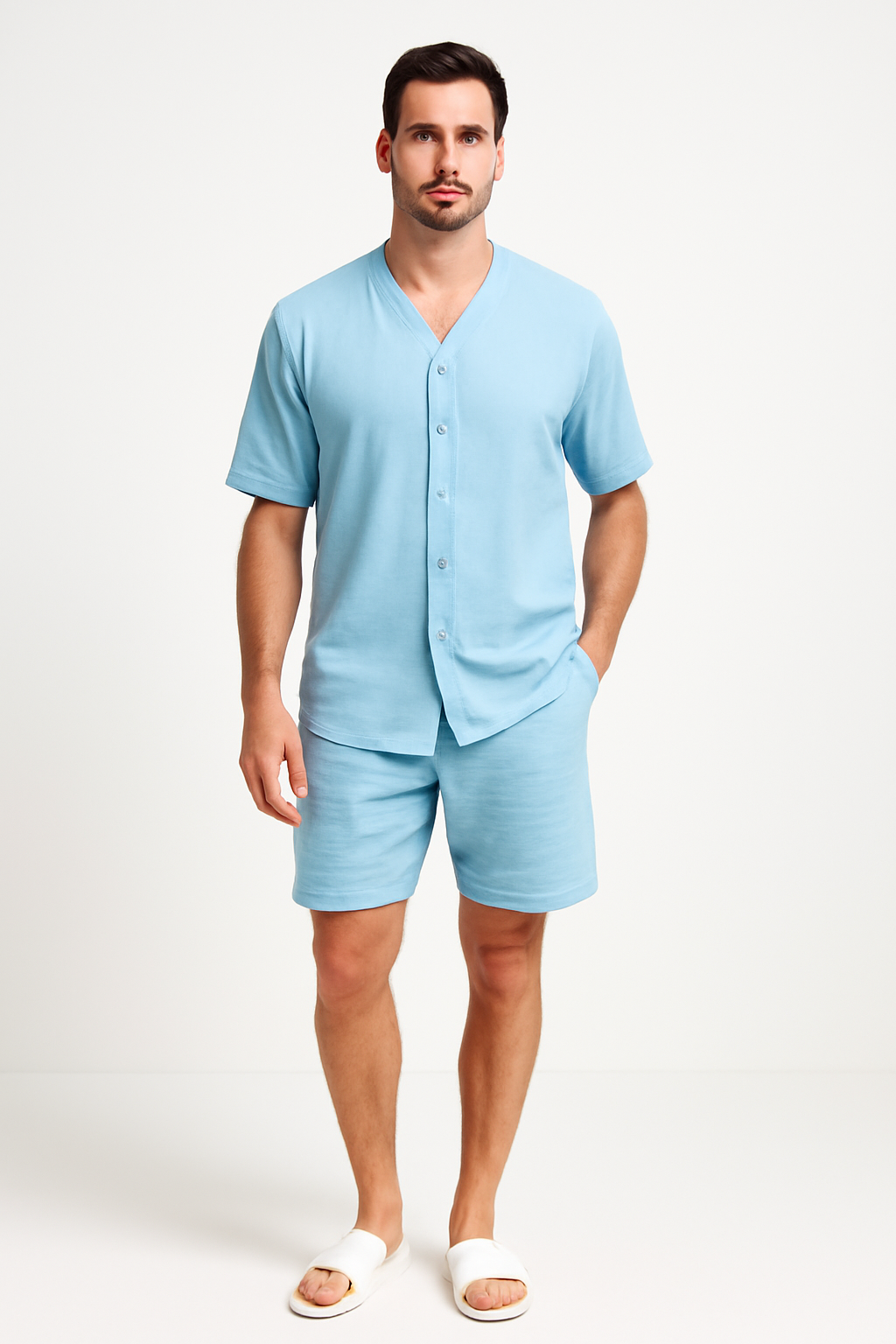 Men's V-Neck Shirt and Shorts Set – Button Closure – Relaxed Fit – Breathable Fabric Sky Blue