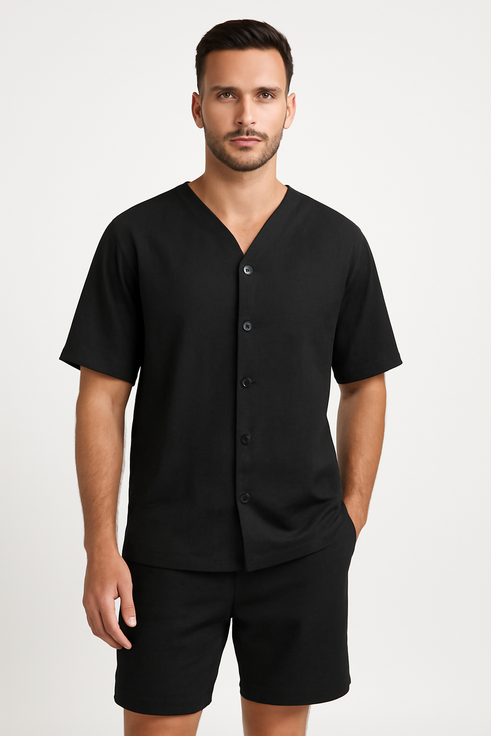Men's V-Neck Shirt and Shorts Set – Button Closure – Relaxed Fit – Breathable Fabric Black
