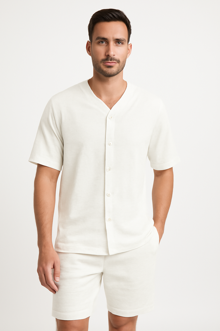 Men's V-Neck Shirt and Shorts Set – Button Closure – Relaxed Fit – Breathable Fabric White