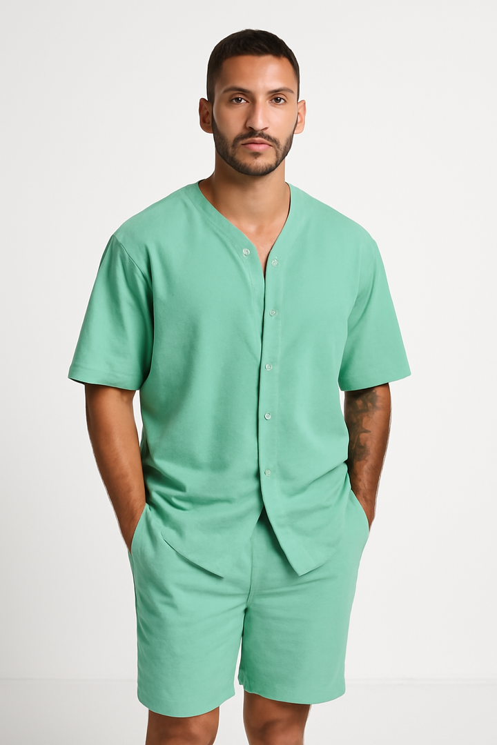 Men's V-Neck Shirt and Shorts Set – Button Closure – Relaxed Fit – Breathable Fabric Blue