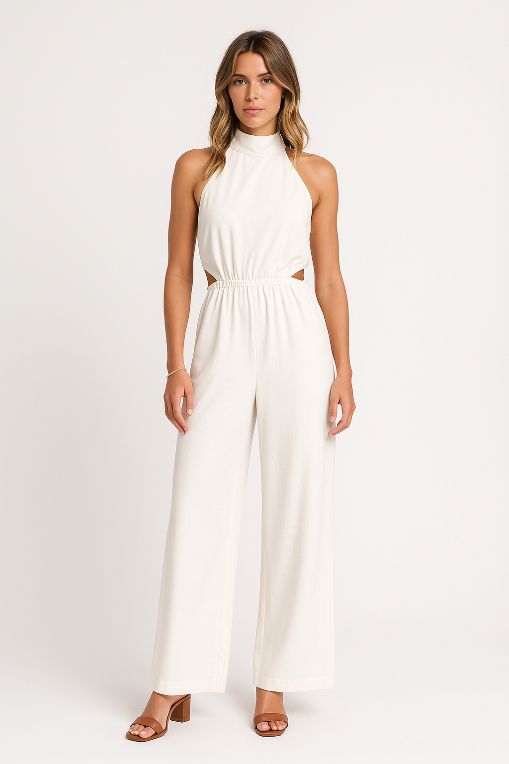 Women's Halterneck Jumpsuit with Wide Legs and Relaxed Fit – Cut-Out Detail White