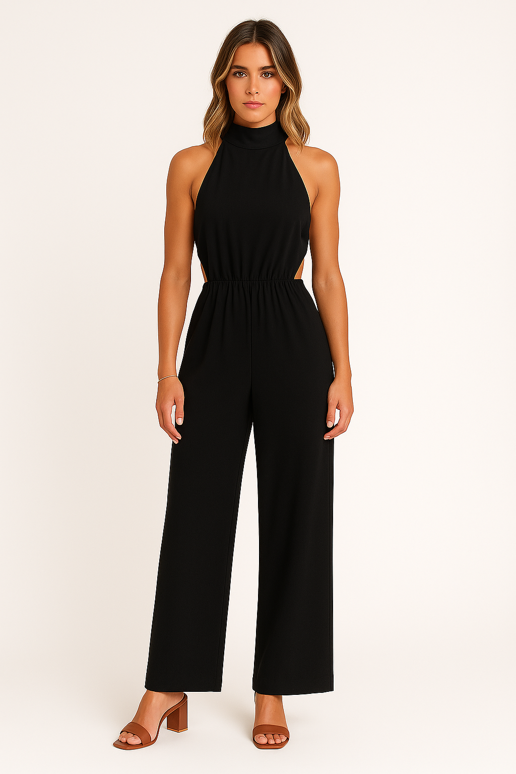 Women's Halterneck Jumpsuit with Wide Legs and Relaxed Fit – Cut-Out Detail Black