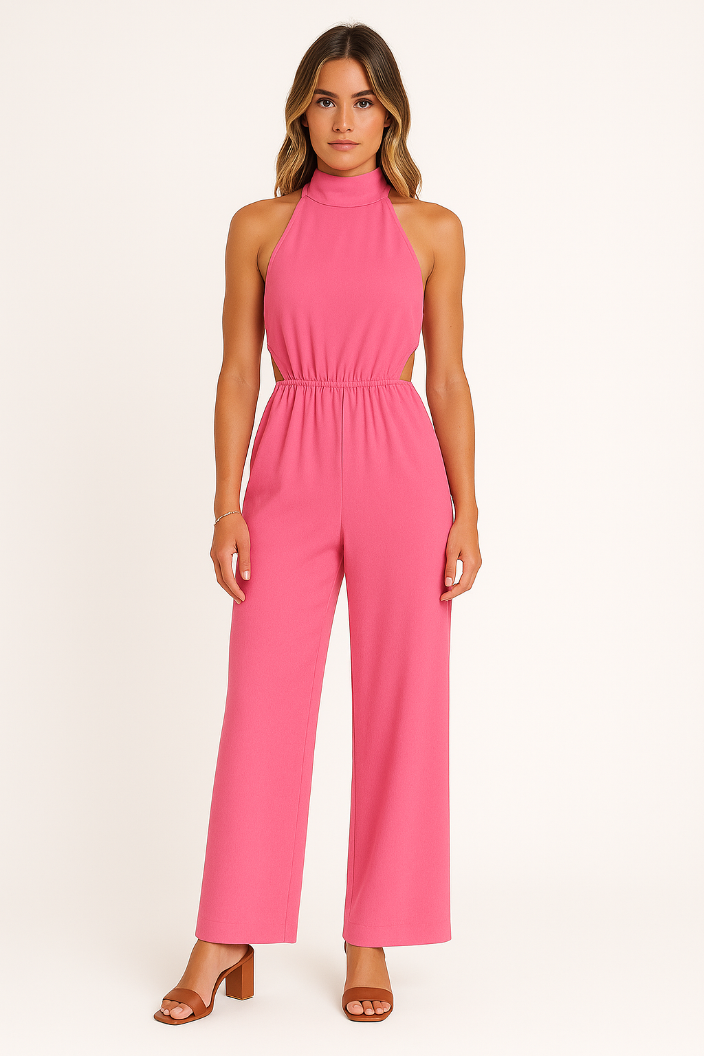 Women's Halterneck Jumpsuit with Wide Legs and Relaxed Fit – Cut-Out Detail Pink