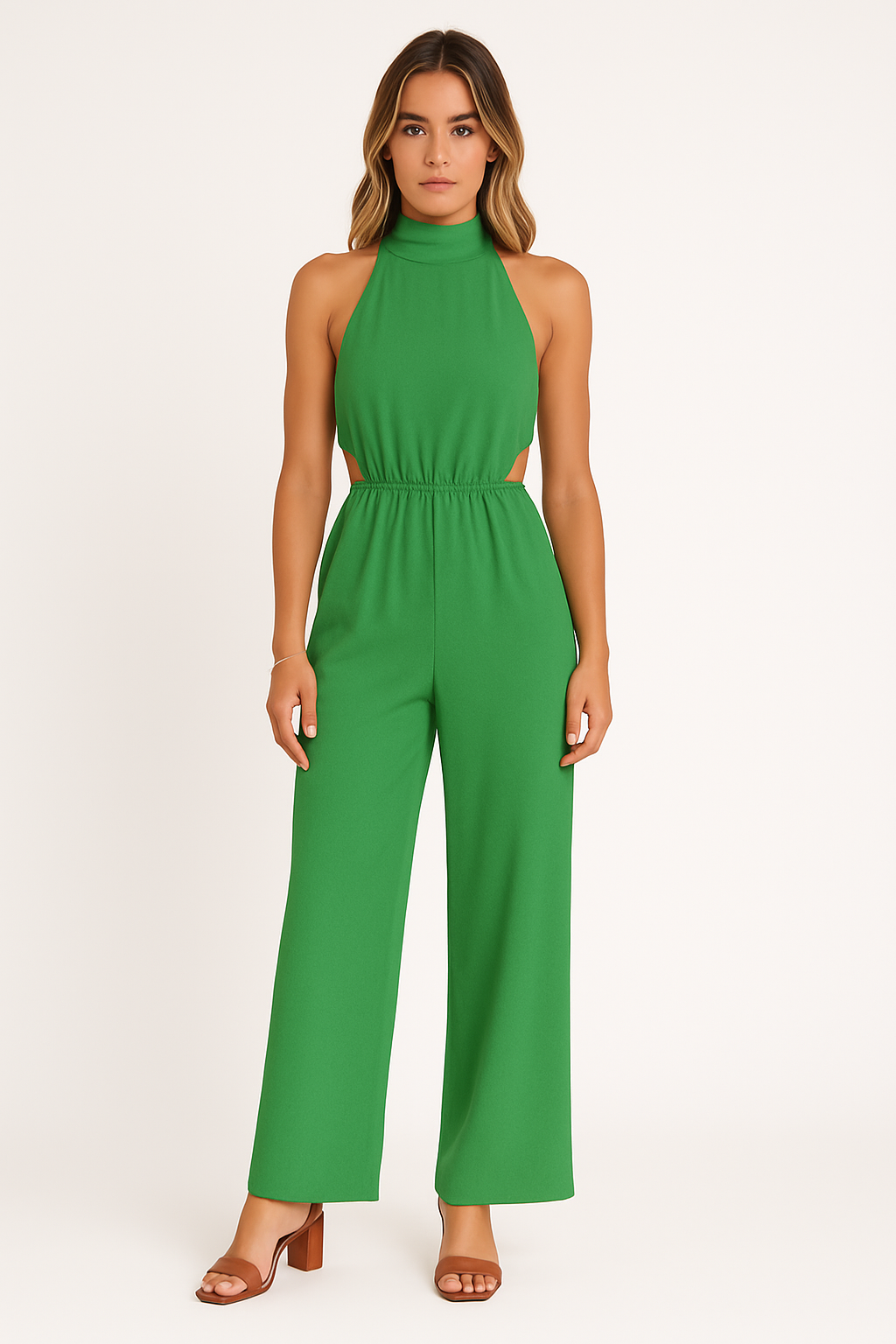 Women's Halterneck Jumpsuit with Wide Legs and Relaxed Fit – Cut-Out Detail Green