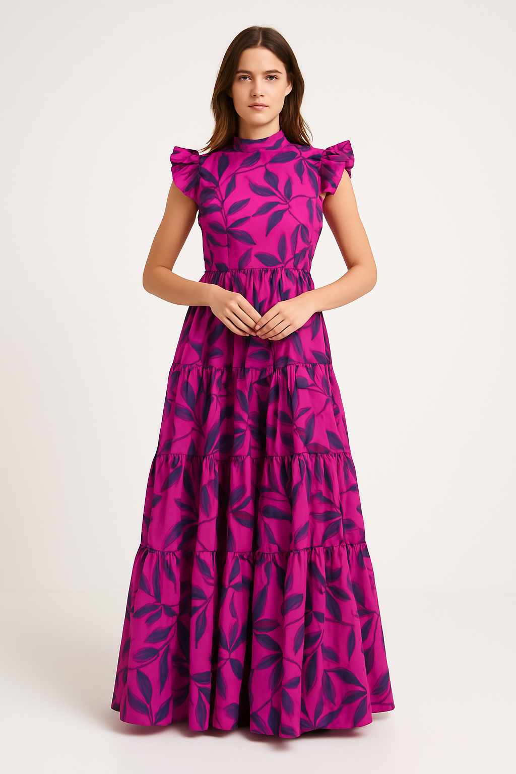 Women's Fit and Flare Maxi Dress with Ruffle Sleeves and Layered Skirt – Cotton Style Purple