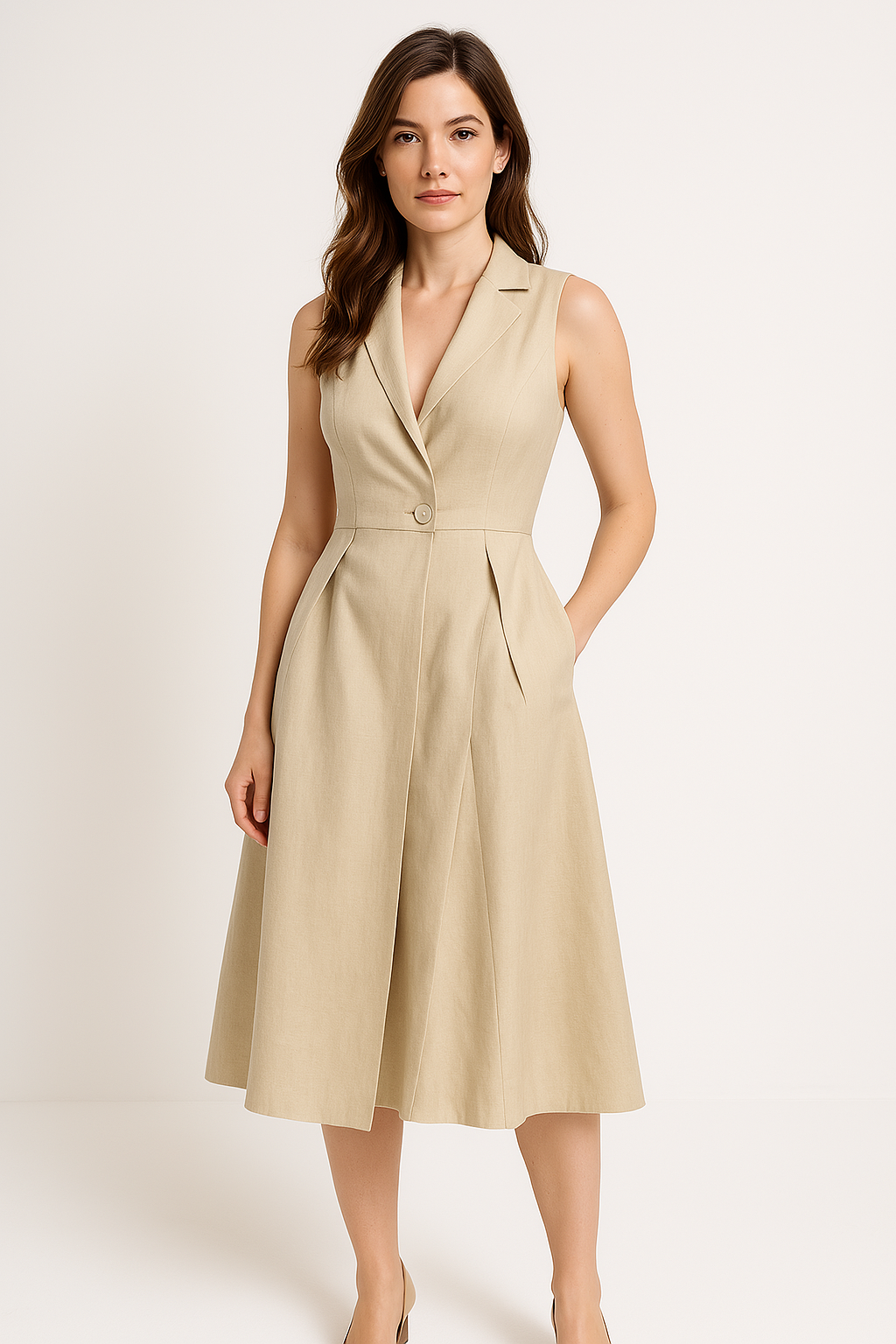 Women's Sleeveless V-Neck Midi Dress – Fitted Bodice – Linen Cotton Blend – Flared Style Apricot