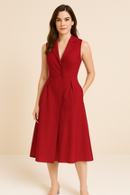Women's Sleeveless V-Neck Midi Dress – Fitted Bodice – Linen Cotton Blend – Flared Style Red