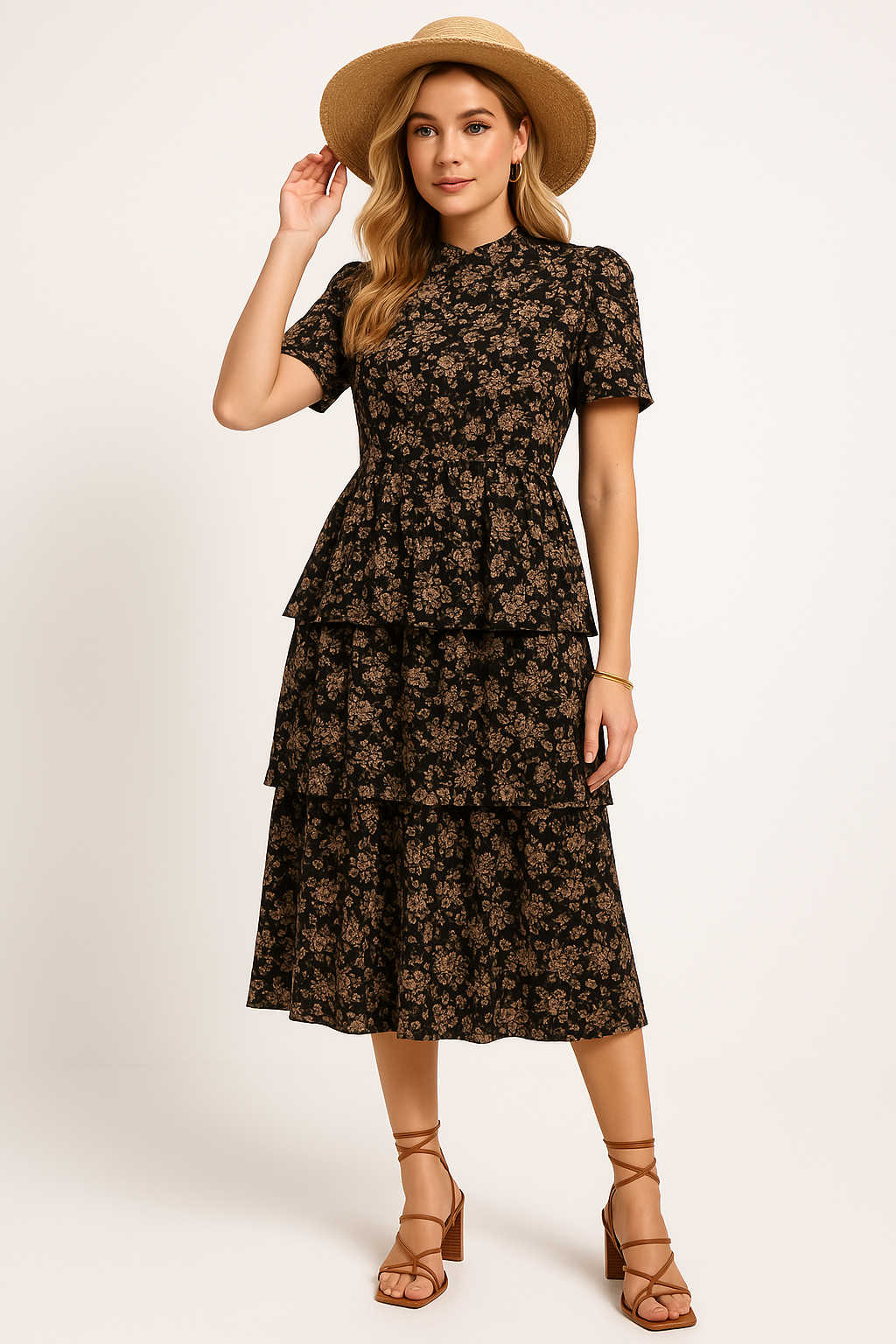 Women's Floral Midi Dress – Flowy Fit, Puff Sleeves, Layered Design Black