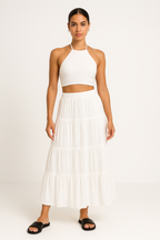 Women's A-Line Maxi Skirt with Layered Ruffles and Drawstring Waist – Lightweight Fabric White