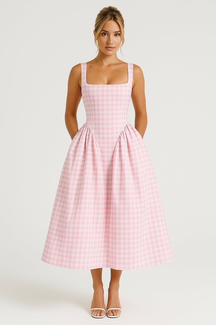 Women's Midi Dress with Square Neckline and Spaghetti Straps – Diamond Pattern Pink