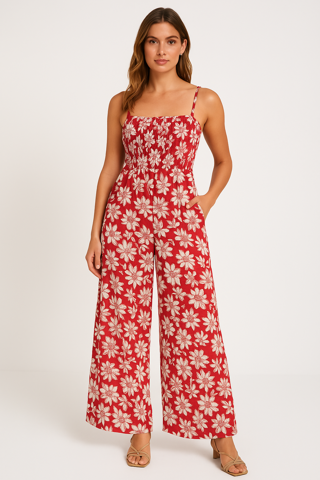 Women's Floral Print Jumpsuit with Wide Legs and Smock Top – Spaghetti Straps – Cotton Red