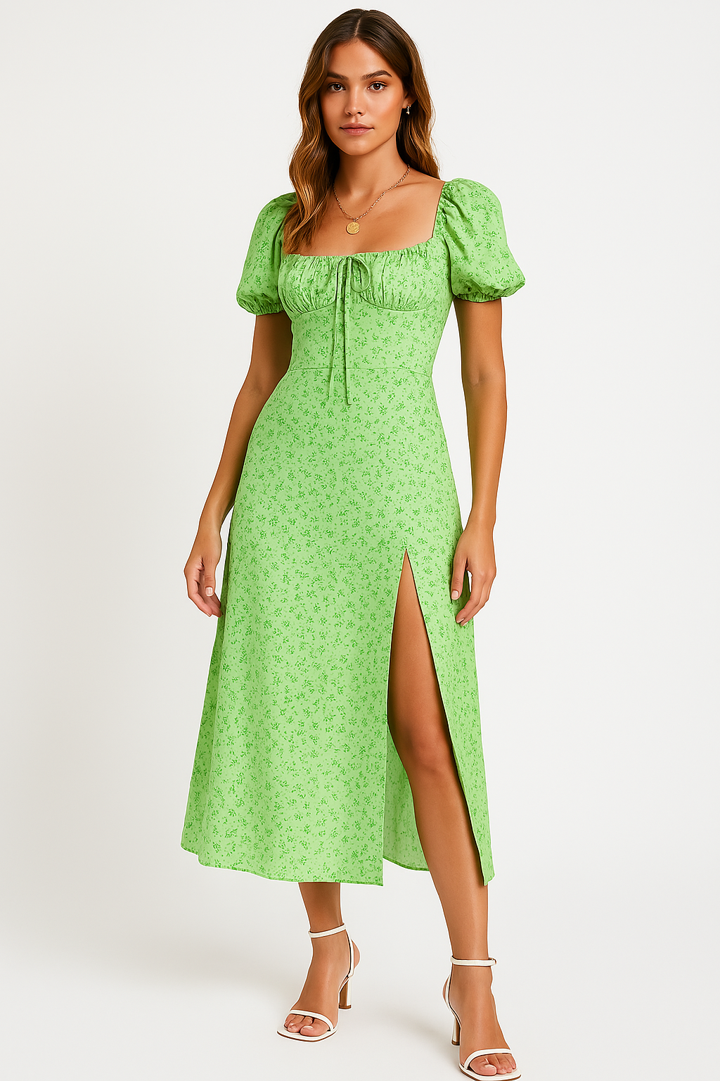 Women's A-Line Midi Dress - Floral Print, Bow Detail, Puff Sleeves, Front Split Green