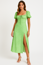 Women's A-Line Midi Dress - Floral Print, Bow Detail, Puff Sleeves, Front Split Green