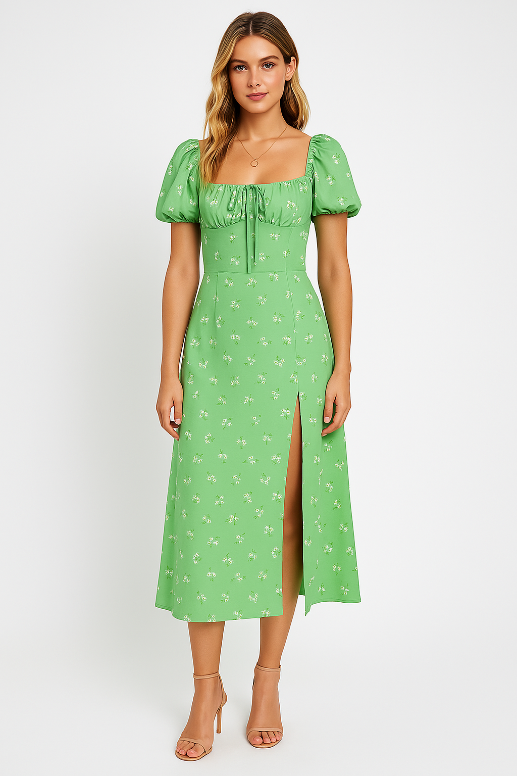Women's A-Line Midi Dress - Floral Print, Bow Detail, Puff Sleeves, Front Split Green With Flowers
