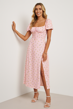 Women's A-Line Midi Dress - Floral Print, Bow Detail, Puff Sleeves, Front Split Pink