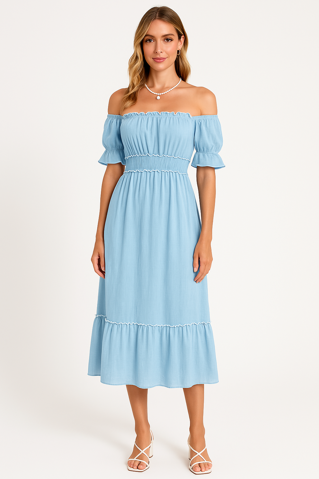 Women's Off-Shoulder Midi Dress with Ruffled Hem – Boho Style – Cotton Blend Blue
