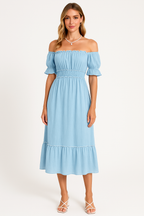 Women's Off-Shoulder Midi Dress with Ruffled Hem – Boho Style – Cotton Blend Blue