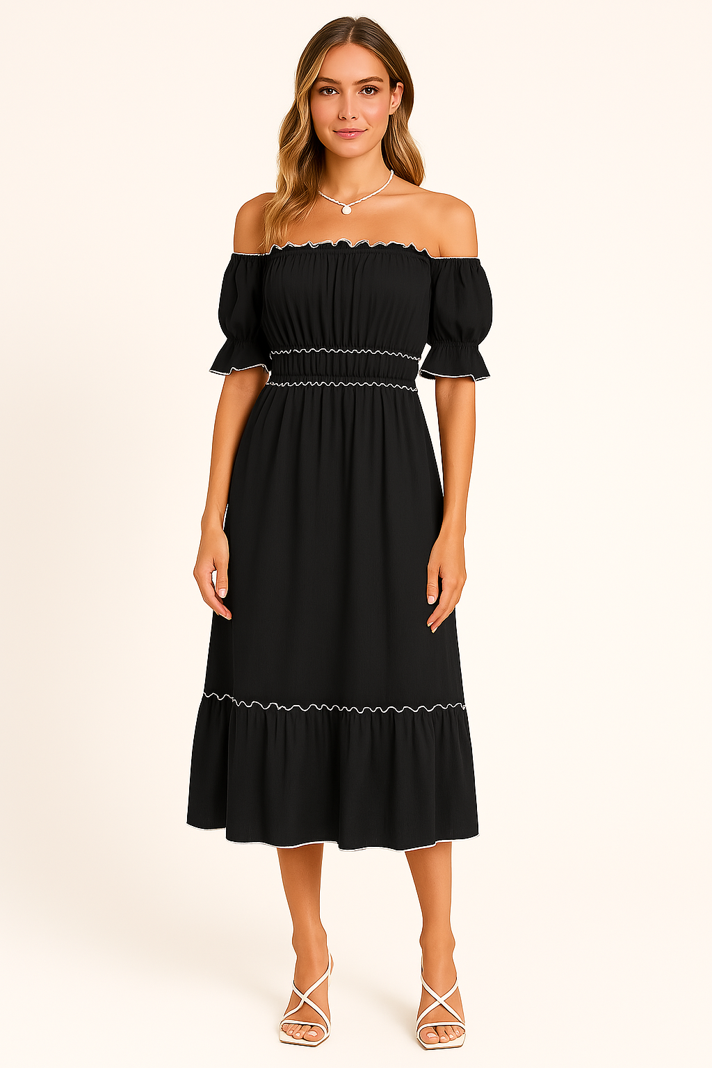 Women's Off-Shoulder Midi Dress with Ruffled Hem – Boho Style – Cotton Blend Black